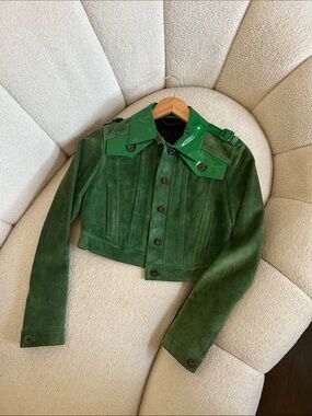 Burberry Green Suede Cropped Jacket with Patent Collar